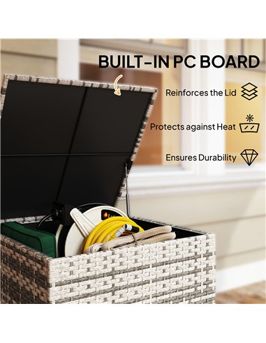 Outsunny 253L Garden Storage Box, Rattan Deck Box with Zipped Liner, Safe Pneumatic Rod, Patio Storage Container, Mixed Grey