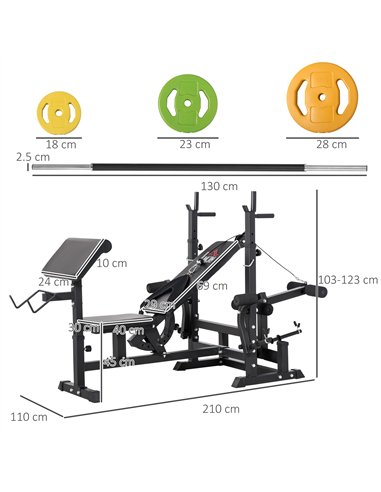 HOMCOM Weight Bench with Adjustable Barbell Rack, Leg Extension, Preacher Curl Pad and 20kg Barbell Set