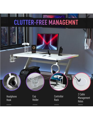 HOMCOM Gaming Desk Racing Style Home Office Ergonomic Computer Table Workstation with RGB LED Lights, Hook, Cup Holder, Controll
