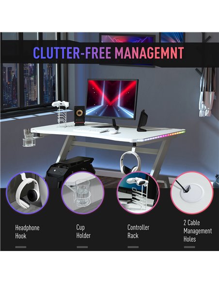 HOMCOM Gaming Desk Racing Style Home Office Ergonomic Computer Table Workstation with RGB LED Lights, Hook, Cup Holder, Controll - pic 20234 | FastDaddyshop