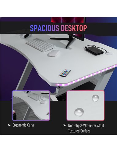HOMCOM Gaming Desk Racing Style Home Office Ergonomic Computer Table Workstation with RGB LED Lights, Hook, Cup Holder, Controll