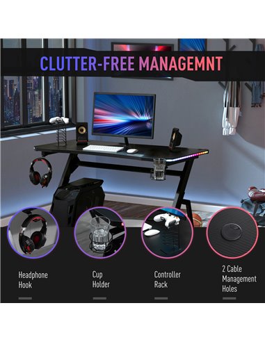 HOMCOM Gaming Desk Racing Style Home Office Ergonomic Computer Table Workstation with RGB LED Lights,  Black