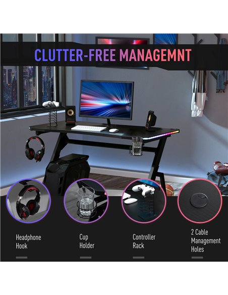 HOMCOM Gaming Desk Racing Style Home Office Ergonomic Computer Table Workstation with RGB LED Lights,  Black - pic 20244 | FastDaddyshop