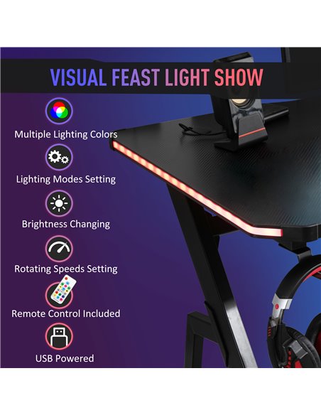 HOMCOM Gaming Desk Racing Style Home Office Ergonomic Computer Table Workstation with RGB LED Lights,  Black - pic 20245 | FastDaddyshop