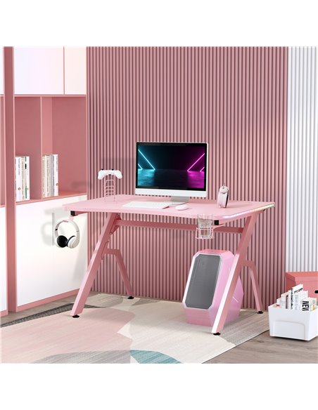 HOMCOM Ergonomic Gaming Desk with RGB LED Lights, Controller Rack, Pink - pic 20249 | FastDaddyshop
