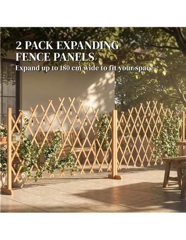 Outsunny 2 Pack Expanding Fence Panels, Wooden Freestanding Garden Fence with Stable Feet, 180 x 30 x 103cm, Brown