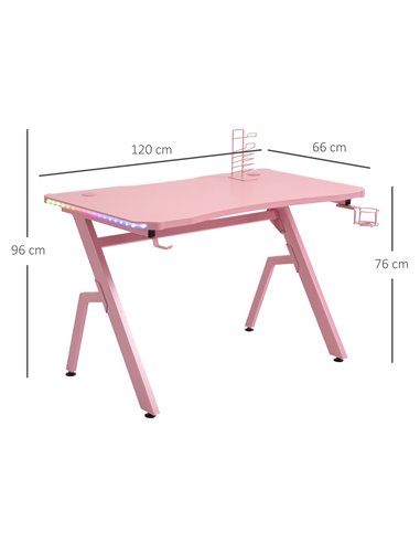 HOMCOM Ergonomic Gaming Desk with RGB LED Lights, Controller Rack, Pink