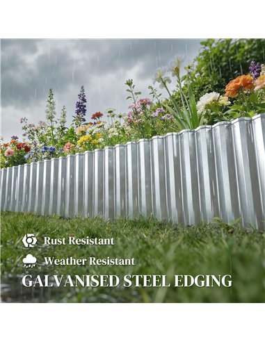 Outsunny Metal Garden Edging Border, 8 in x 21.3 ft Corrugated Heavy Duty Galvanised Steel Lawn Edging, Silver Tone
