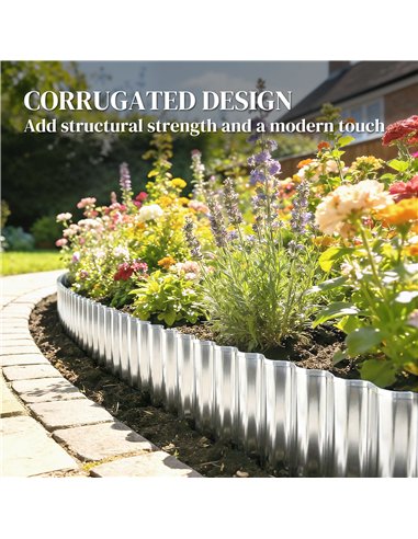Outsunny Metal Garden Edging Border, 8 in x 21.3 ft Corrugated Heavy Duty Galvanised Steel Lawn Edging, Silver Tone