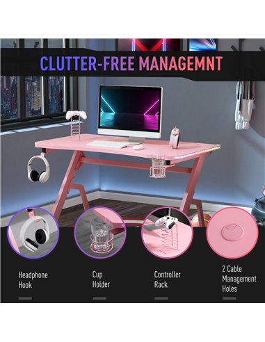 HOMCOM Ergonomic Gaming Desk with RGB LED Lights, Controller Rack, Pink