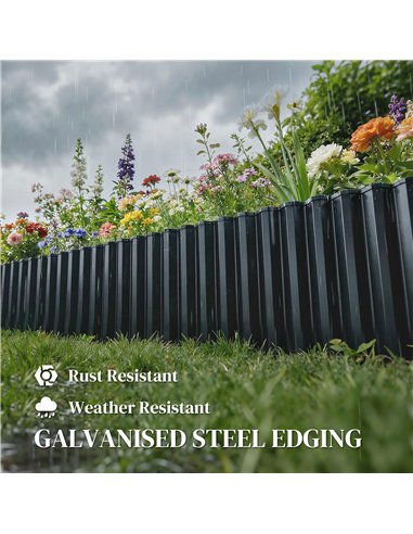 Outsunny Metal Garden Edging Border, 8 in x 21.3 ft Corrugated Heavy Duty Galvanised Steel Lawn Edging, Dark Grey