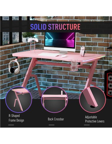 HOMCOM Ergonomic Gaming Desk with RGB LED Lights, Controller Rack, Pink