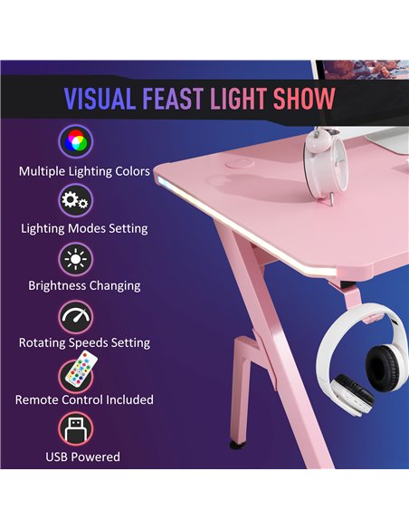 HOMCOM Ergonomic Gaming Desk with RGB LED Lights, Controller Rack, Pink - pic 20254 | FastDaddyshop