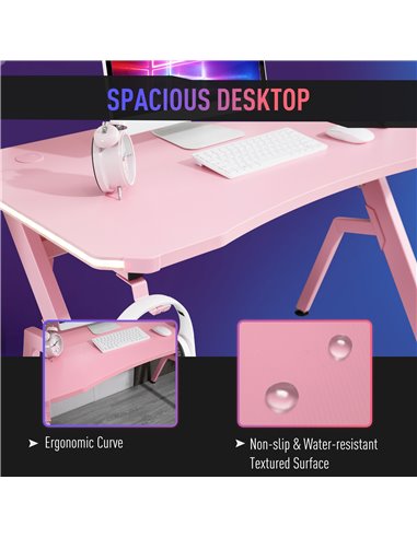 HOMCOM Ergonomic Gaming Desk with RGB LED Lights, Controller Rack, Pink