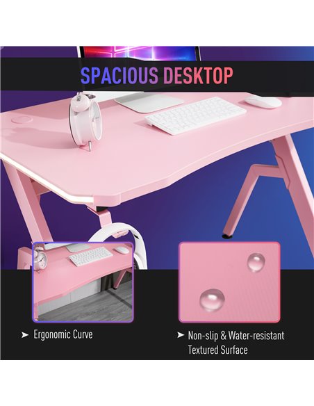 HOMCOM Ergonomic Gaming Desk with RGB LED Lights, Controller Rack, Pink - pic 20255 | FastDaddyshop