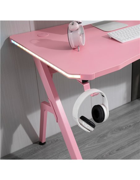 HOMCOM Ergonomic Gaming Desk with RGB LED Lights, Controller Rack, Pink - pic 20257 | FastDaddyshop