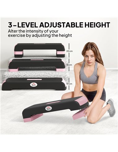 HOMCOM Aerobic Step with 3-Level Adjustable Heights for Home, Office Exercise, Black and Pink