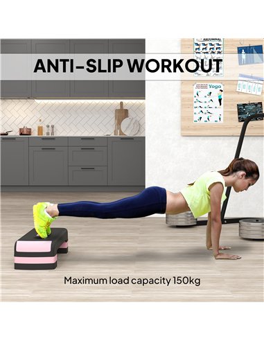 HOMCOM Aerobic Step with 3-Level Adjustable Heights for Home, Office Exercise, Black and Pink