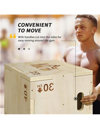 HOMCOM 3-in-1 Wooden Plyo Box, Plyometric Jump Box with Handle Openings for Home Gym, 12" x 14" x 16", Natural