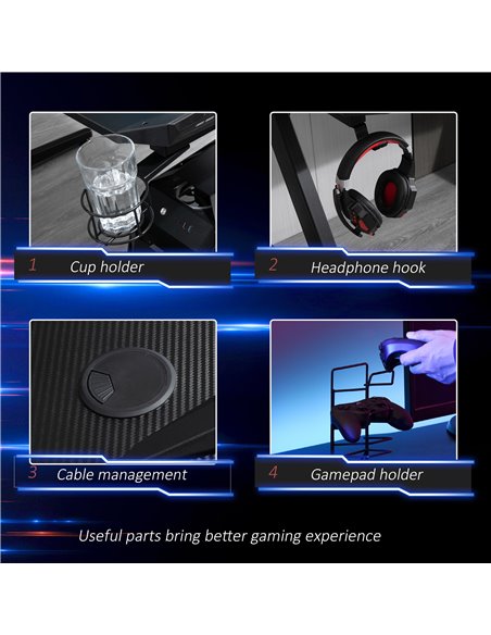 HOMCOM Ergonomic Gaming Desk, Racing Table with Headphone Hook, Cup Holder, Black - pic 20264 | FastDaddyshop