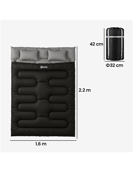 Outsunny Double Sleeping Bag with 2 Pillows, 220 x 160 cm Extra-Large Sleeping Bag for Adults, Black - pic 202717 | FastDaddyshop