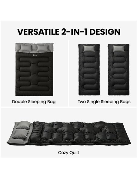 Outsunny Double Sleeping Bag with 2 Pillows, 220 x 160 cm Extra-Large Sleeping Bag for Adults, Black - pic 202718 | FastDaddyshop