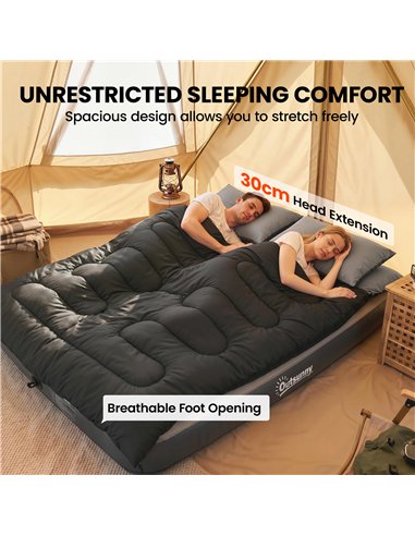 Outsunny Double Sleeping Bag with 2 Pillows, 220 x 160 cm Extra-Large Sleeping Bag for Adults, Black