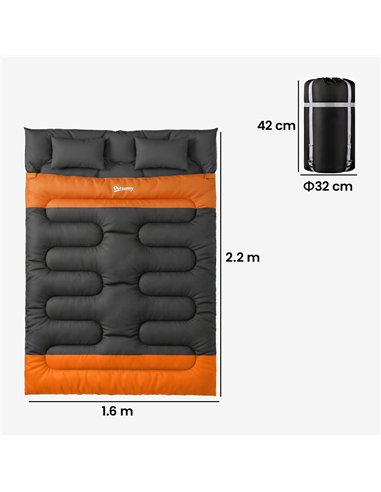 Outsunny Double Sleeping Bag with 2 Pillows, 220 x 160 cm Extra-Large Sleeping Bag for Adults, Grey and Orange