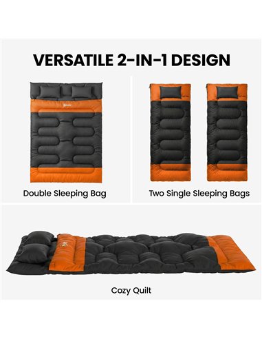 Outsunny Double Sleeping Bag with 2 Pillows, 220 x 160 cm Extra-Large Sleeping Bag for Adults, Grey and Orange