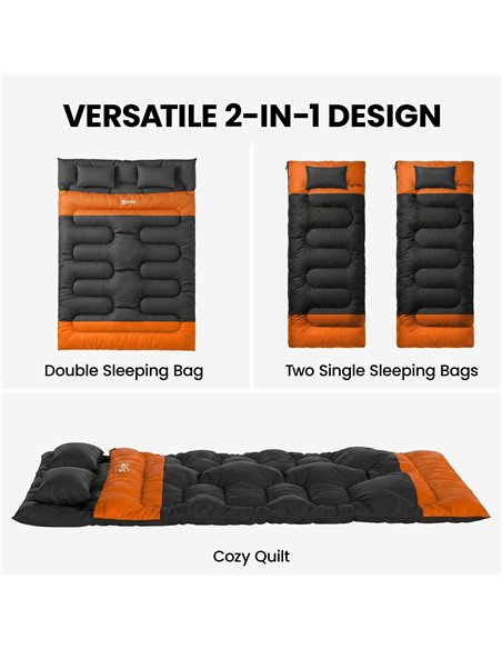 Outsunny Double Sleeping Bag with 2 Pillows, 220 x 160 cm Extra-Large Sleeping Bag for Adults, Grey and Orange - pic 202727 | FastDaddyshop