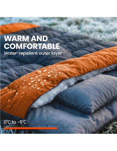 Outsunny Double Sleeping Bag with 2 Pillows, 220 x 160 cm Extra-Large Sleeping Bag for Adults, Grey and Orange
