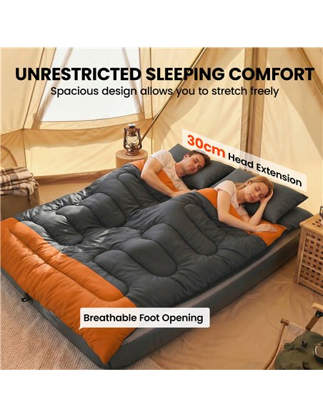 Outsunny Double Sleeping Bag with 2 Pillows, 220 x 160 cm Extra-Large Sleeping Bag for Adults, Grey and Orange - pic 202729 | FastDaddyshop