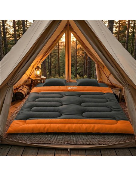 Outsunny Double Sleeping Bag with 2 Pillows, 220 x 160 cm Extra-Large Sleeping Bag for Adults, Grey and Orange - pic 202732 | FastDaddyshop