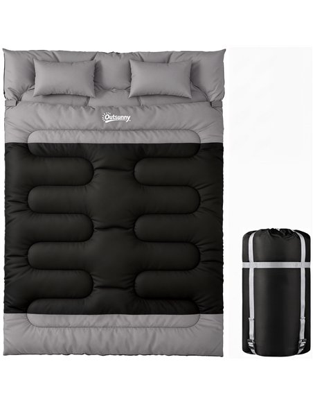 Outsunny Double Sleeping Bag with 2 Pillows, 220 x 160 cm Extra-Large Sleeping Bag for Adults, Black and Grey - pic 202733 | FastDaddyshop