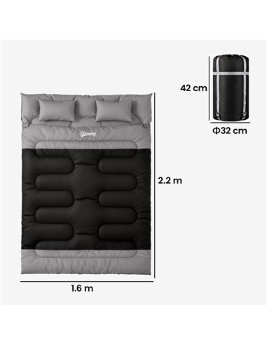 Outsunny Double Sleeping Bag with 2 Pillows, 220 x 160 cm Extra-Large Sleeping Bag for Adults, Black and Grey
