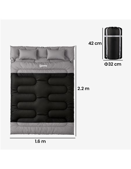 Outsunny Double Sleeping Bag with 2 Pillows, 220 x 160 cm Extra-Large Sleeping Bag for Adults, Black and Grey - pic 202735 | FastDaddyshop