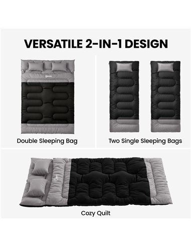 Outsunny Double Sleeping Bag with 2 Pillows, 220 x 160 cm Extra-Large Sleeping Bag for Adults, Black and Grey