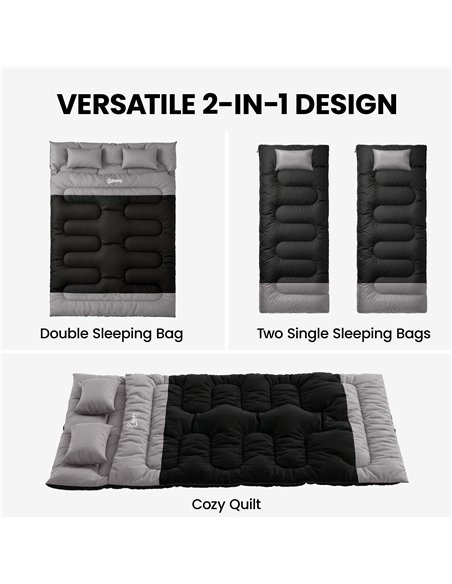 Outsunny Double Sleeping Bag with 2 Pillows, 220 x 160 cm Extra-Large Sleeping Bag for Adults, Black and Grey - pic 202736 | FastDaddyshop