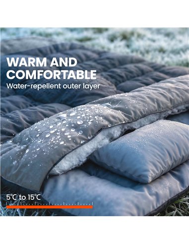 Outsunny Double Sleeping Bag with 2 Pillows, 220 x 160 cm Extra-Large Sleeping Bag for Adults, Black and Grey