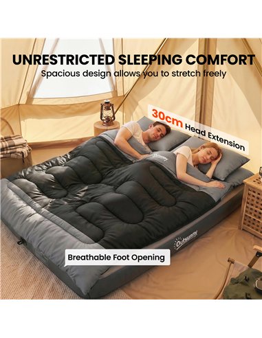 Outsunny Double Sleeping Bag with 2 Pillows, 220 x 160 cm Extra-Large Sleeping Bag for Adults, Black and Grey