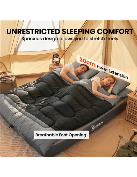 Outsunny Double Sleeping Bag with 2 Pillows, 220 x 160 cm Extra-Large Sleeping Bag for Adults, Black and Grey - pic 202738 | FastDaddyshop