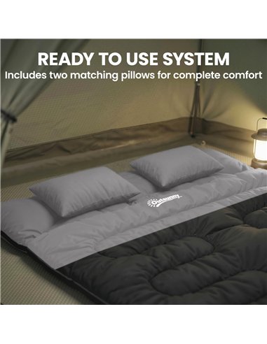 Outsunny Double Sleeping Bag with 2 Pillows, 220 x 160 cm Extra-Large Sleeping Bag for Adults, Black and Grey