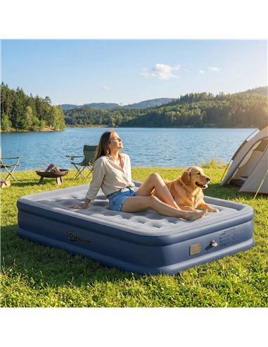 Outsunny Inflatable Mattress, Double Air Bed with Built-in Electric Pump, 3 Mins Inflation, Flocked Surface, Grey