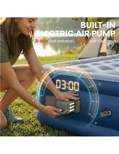 Outsunny Inflatable Mattress, Double Air Bed with Built-in Electric Pump, 3 Mins Inflation, Flocked Surface, Grey