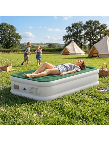 Outsunny Inflatable Mattress, Single Air Bed with Built-in Electric Pump, 3 Mins Inflation, Flocked Surface, Dark Green