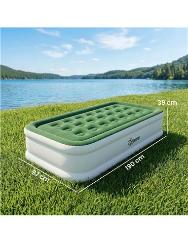 Outsunny Inflatable Mattress, Single Air Bed with Built-in Electric Pump, 3 Mins Inflation, Flocked Surface, Dark Green