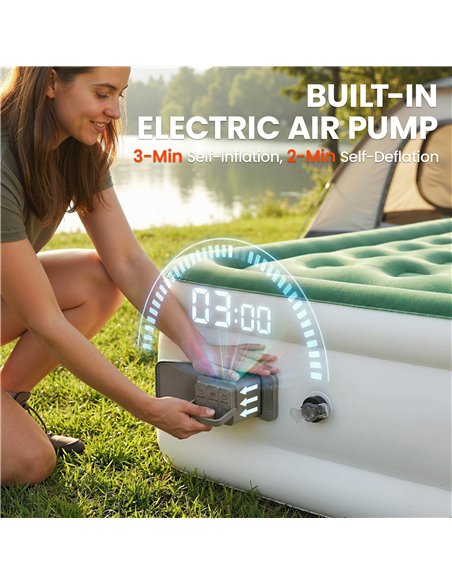 Outsunny Inflatable Mattress, Single Air Bed with Built-in Electric Pump, 3 Mins Inflation, Flocked Surface, Dark Green - pic 202799 | FastDaddyshop