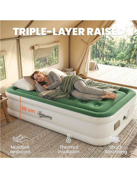 Outsunny Inflatable Mattress, Single Air Bed with Built-in Electric Pump, 3 Mins Inflation, Flocked Surface, Dark Green - pic 202802 | FastDaddyshop