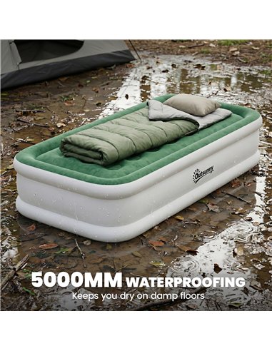 Outsunny Inflatable Mattress, Single Air Bed with Built-in Electric Pump, 3 Mins Inflation, Flocked Surface, Dark Green