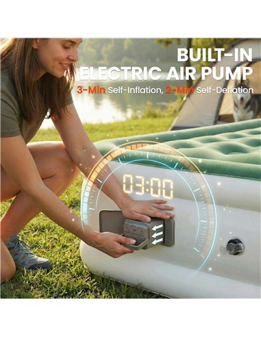 Outsunny Inflatable Mattress, Double Air Bed with Built-in Electric Pump, 3 Mins Inflation, Flocked Surface, Dark Green